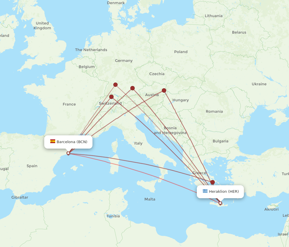 BCN to HER flights and routes map