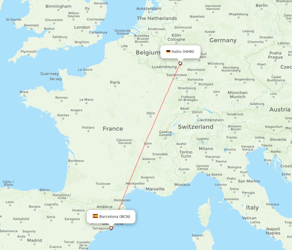 BCN to HHN flights and routes map