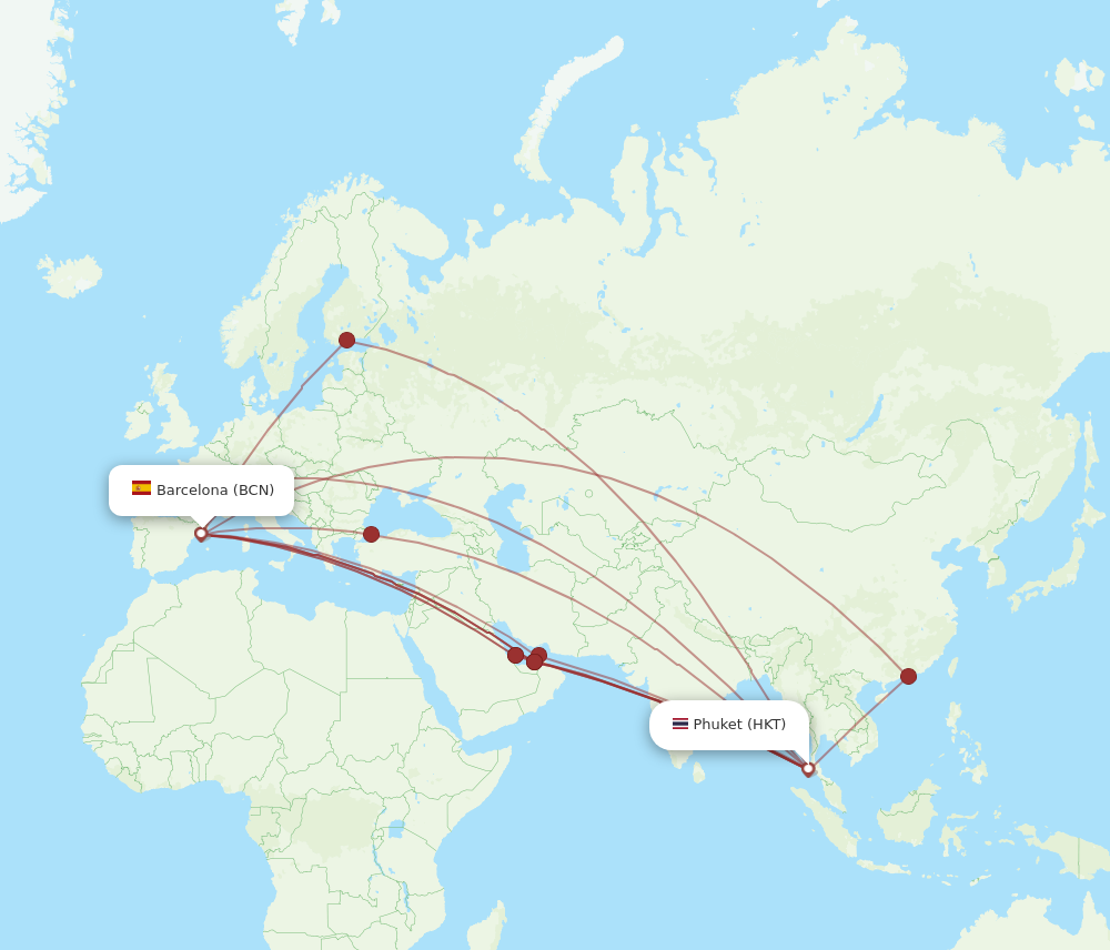 BCN to HKT flights and routes map