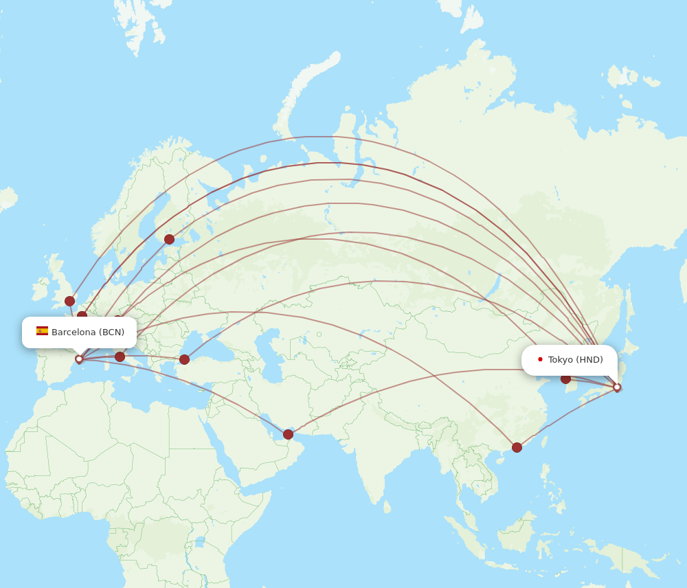 BCN to HND flights and routes map