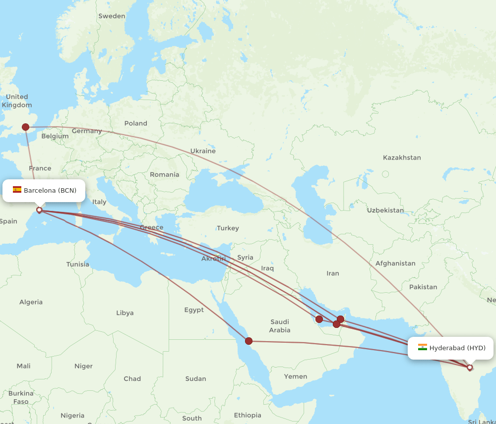 BCN-HYD flight routes