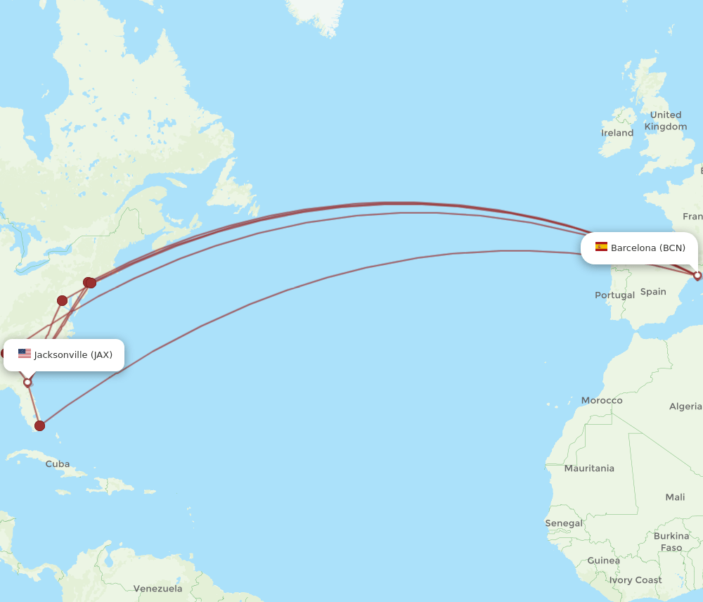 BCN-JAX flight routes