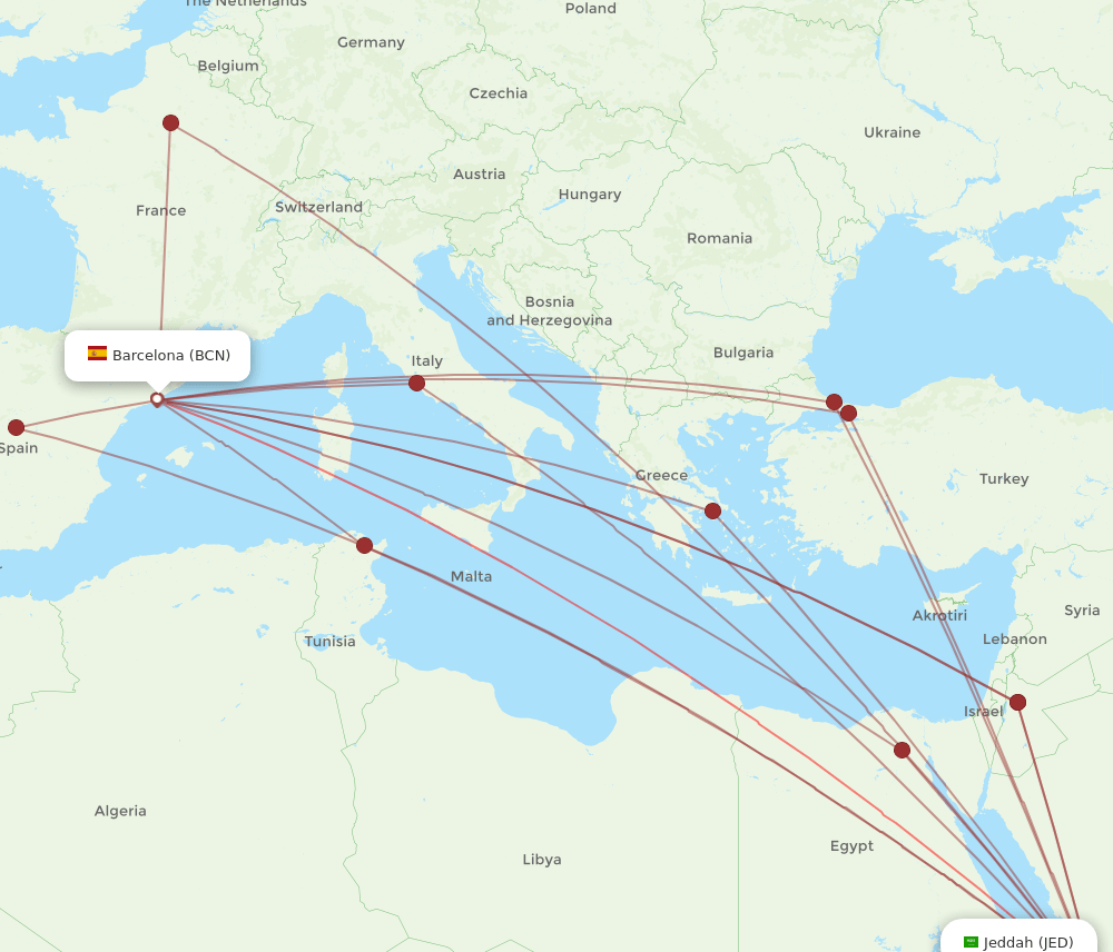 BCN-JED flight routes