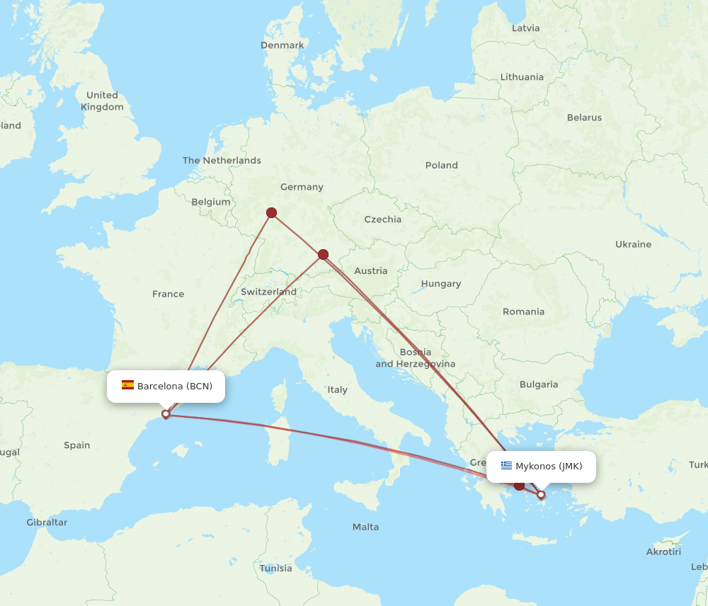 BCN to JMK flights and routes map
