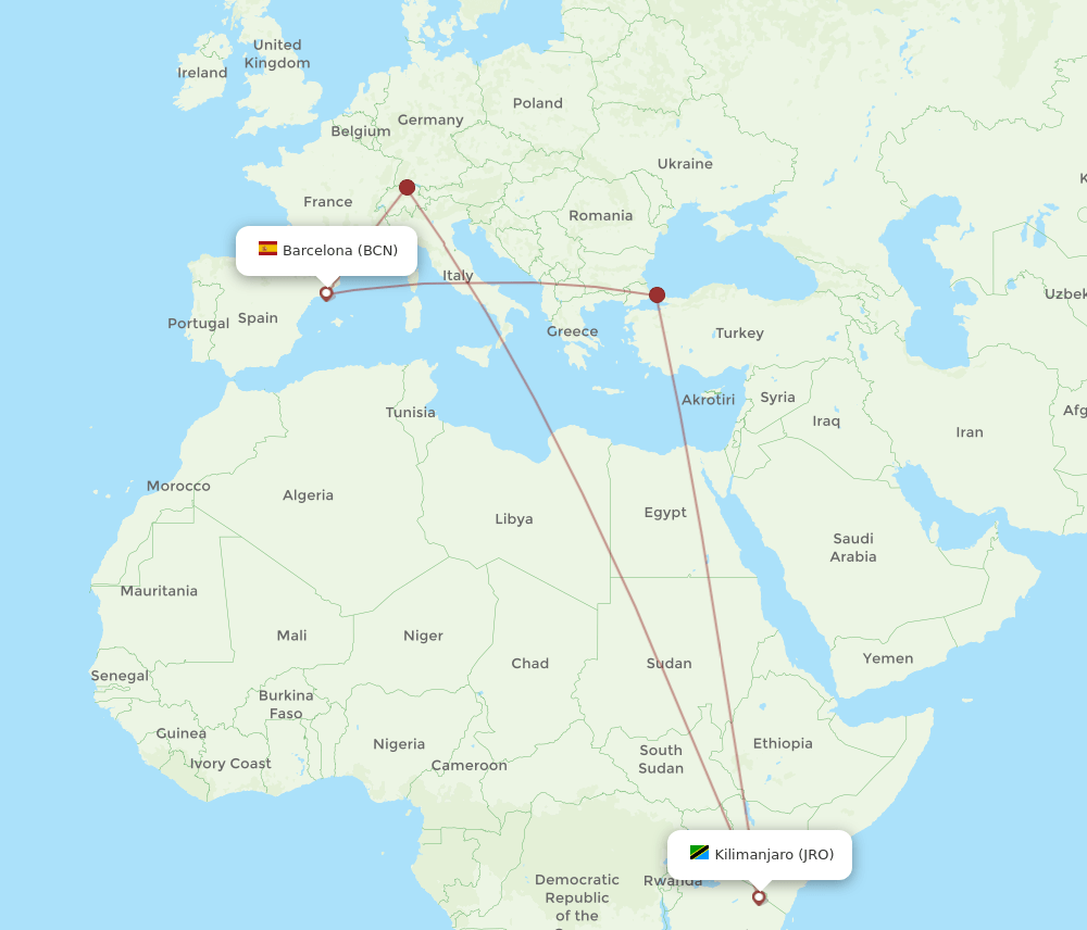 BCN to JRO flights and routes map