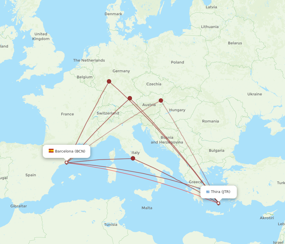 BCN to JTR flights and routes map