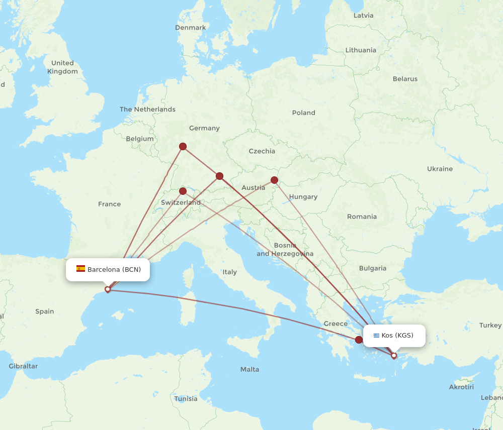 BCN to KGS flights and routes map