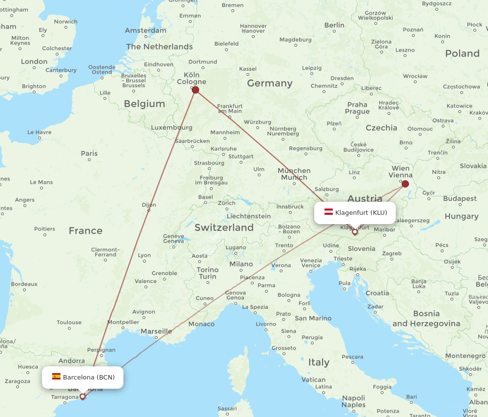 BCN-KLU flight routes