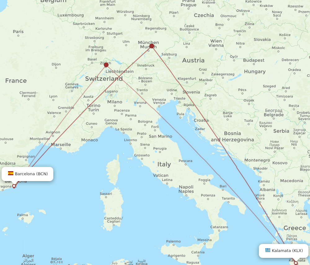 BCN to KLX flights and routes map