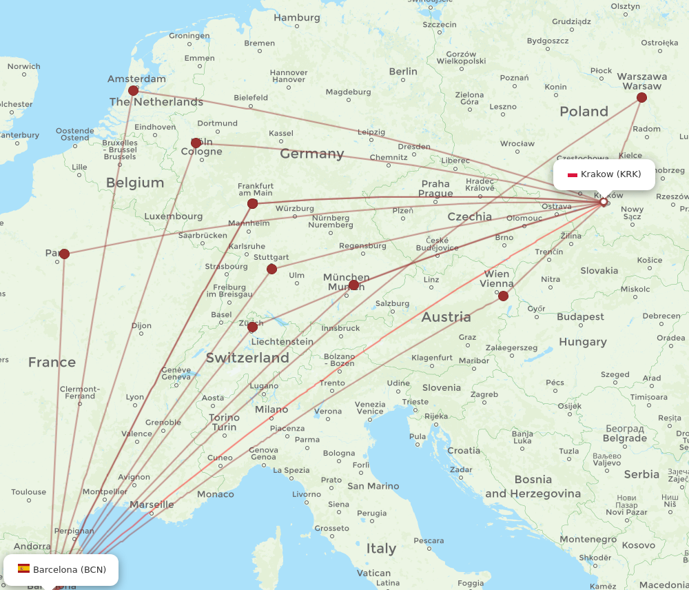 BCN to KRK flights and routes map