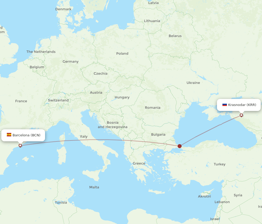 Barcelona - Krasnodar route map and flight paths