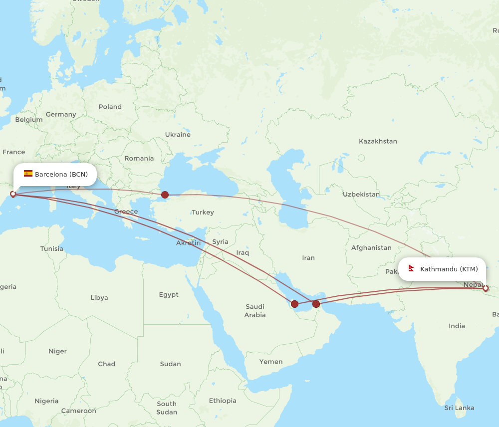 BCN-KTM flight routes