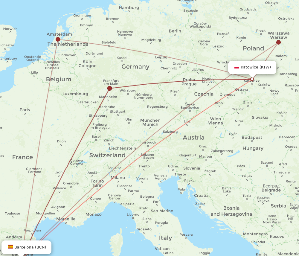 BCN to KTW flights and routes map