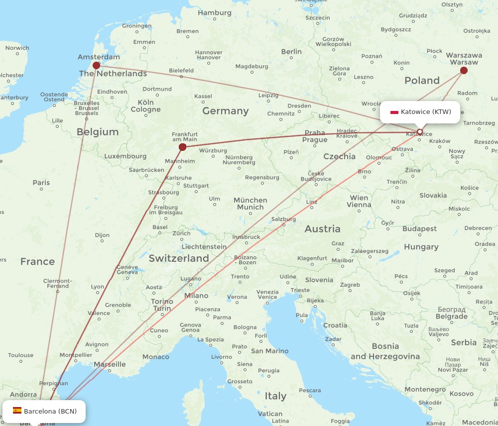 BCN-KTW flight routes