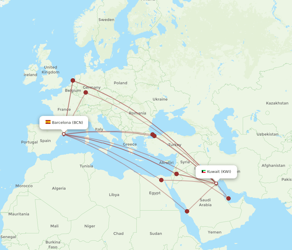 BCN-KWI flight routes