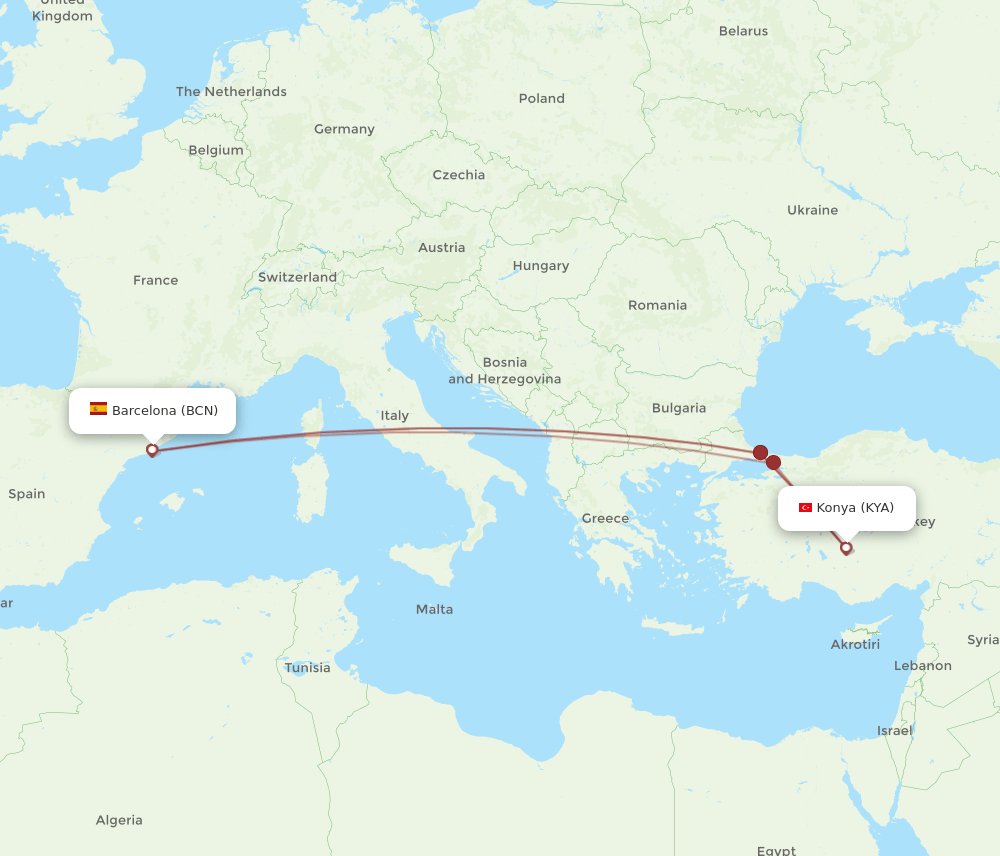 BCN to KYA flights and routes map