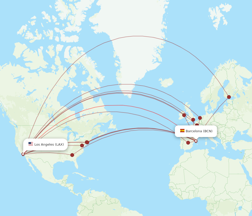 BCN to LAX flights and routes map