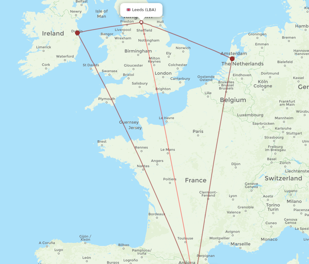 BCN to LBA flights and routes map