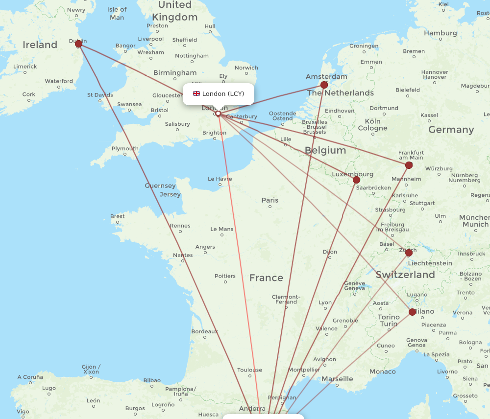 BCN to LCY flights and routes map