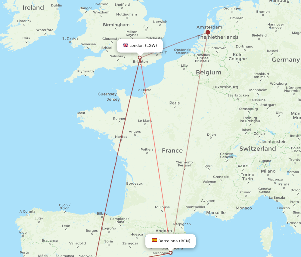 BCN to LGW flights and routes map