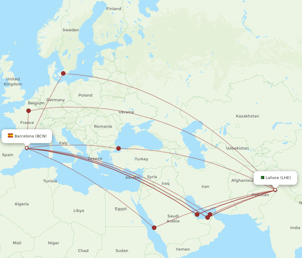 BCN-LHE flight routes