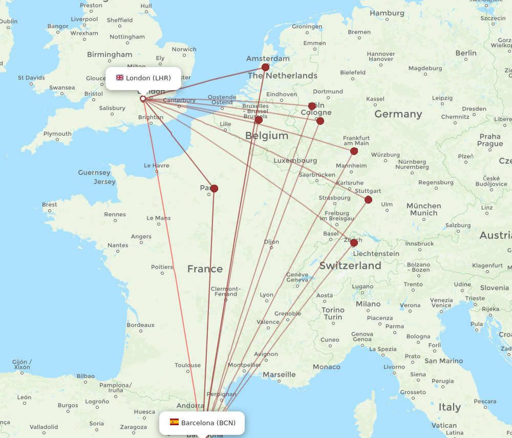 BCN to LHR flights and routes map