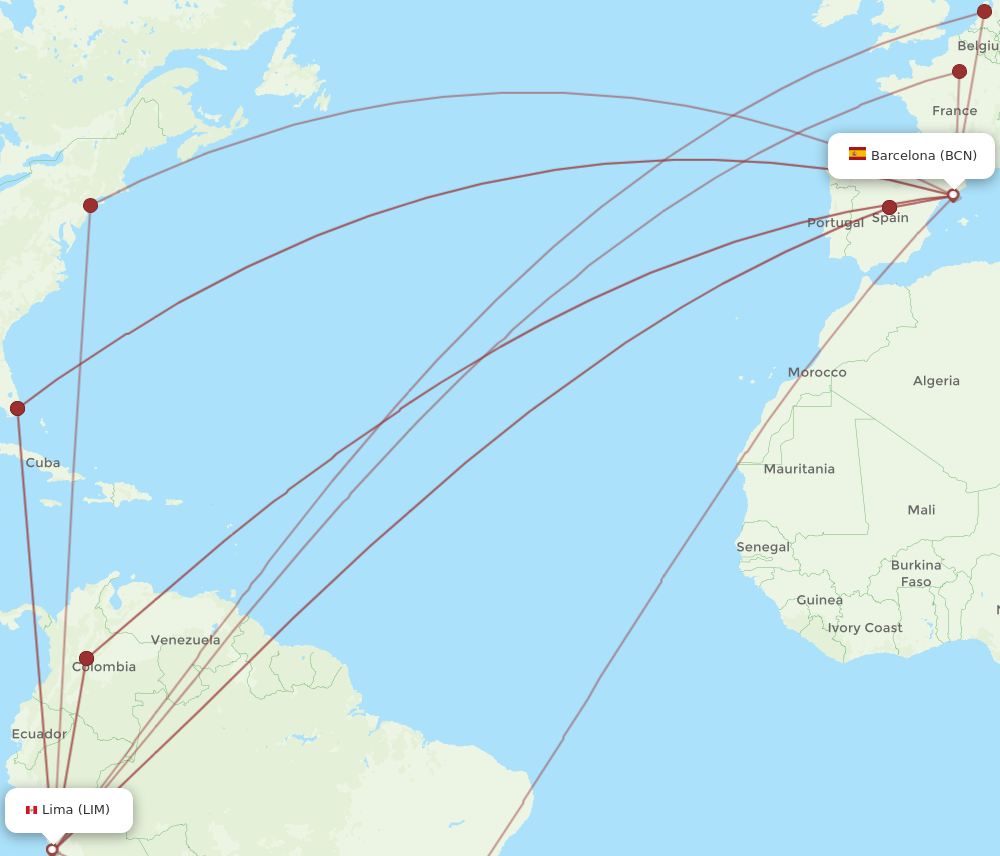 BCN to LIM flights and routes map