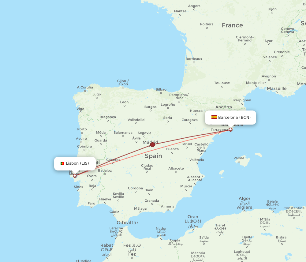 BCN to LIS flights and routes map