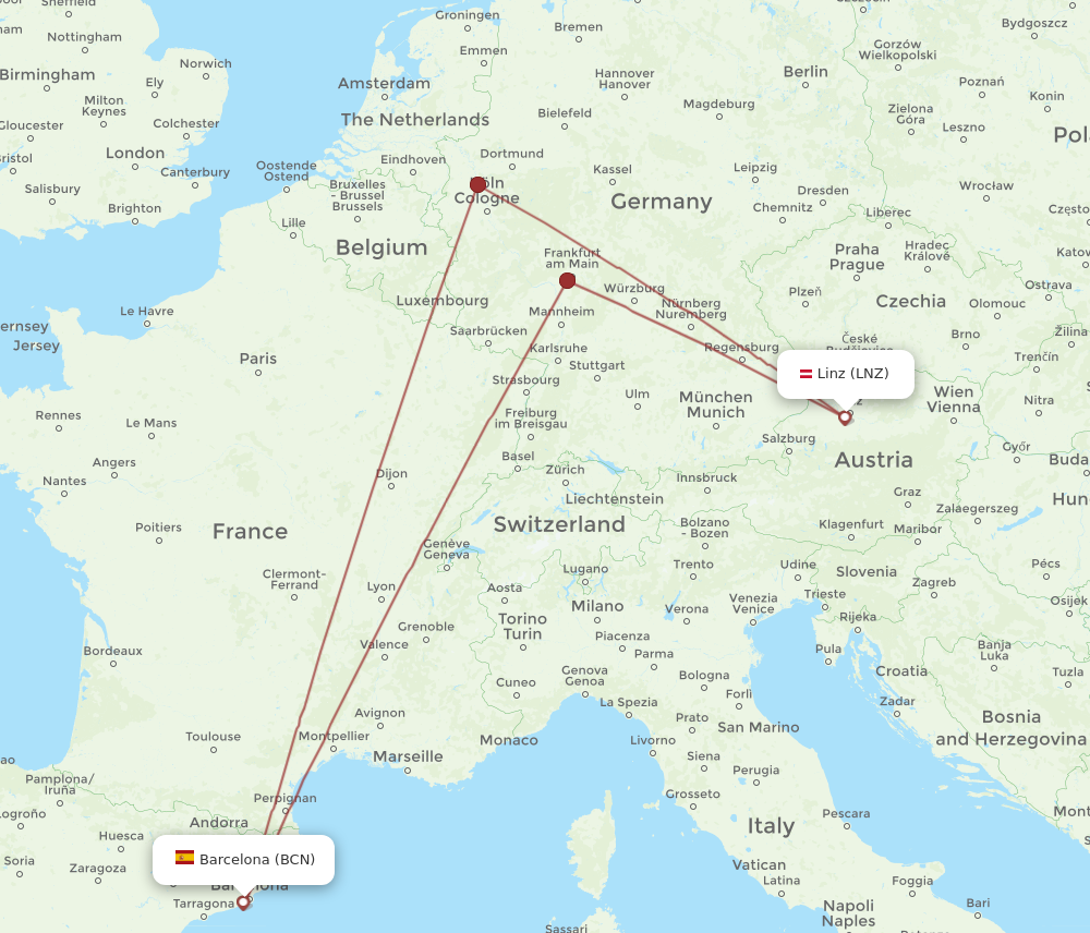 BCN to LNZ flights and routes map