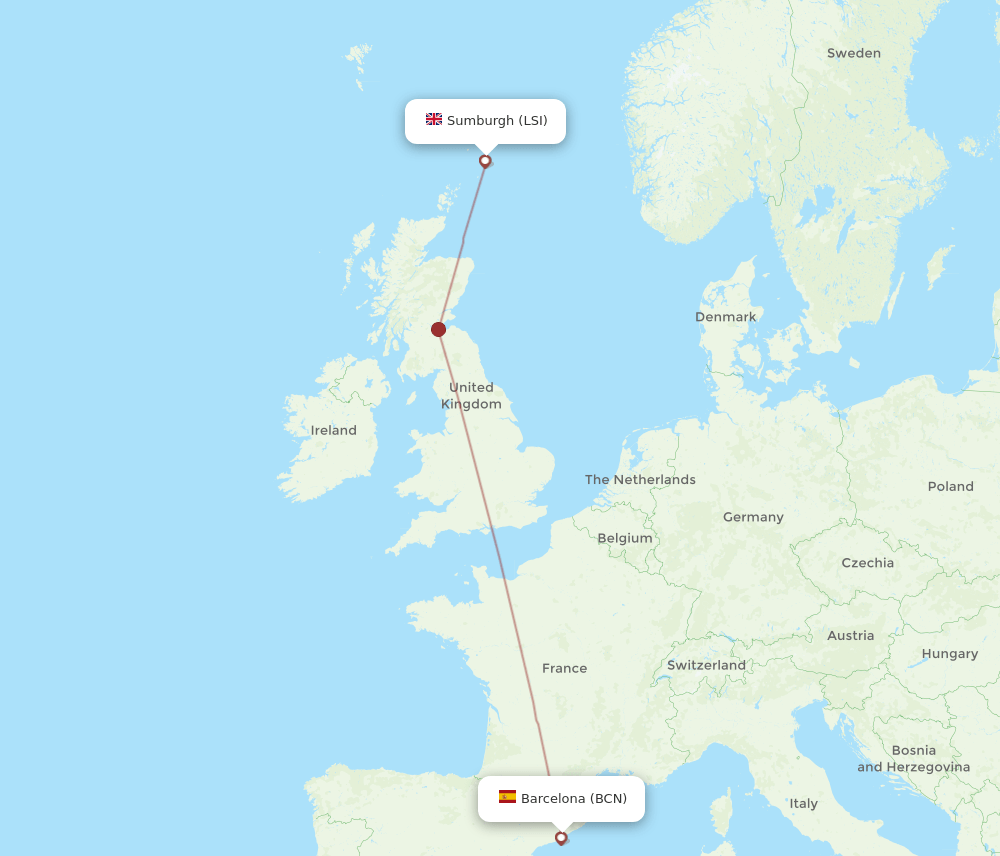 Shetland Islands - Barcelona route map and flight paths