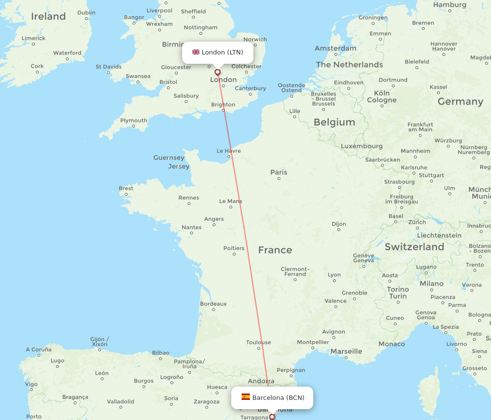 BCN to LTN flights and routes map