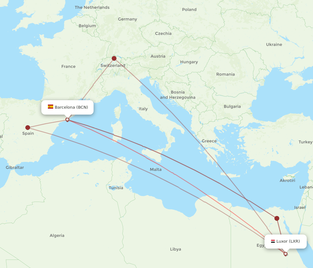 BCN to LXR flights and routes map