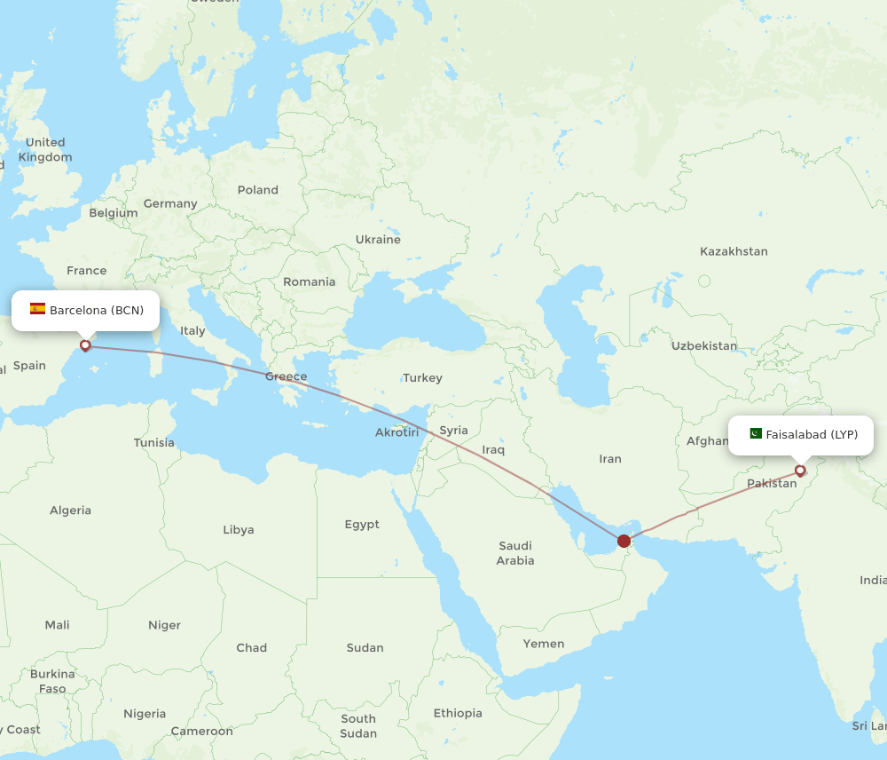 Barcelona - Faisalabad route map and flight paths