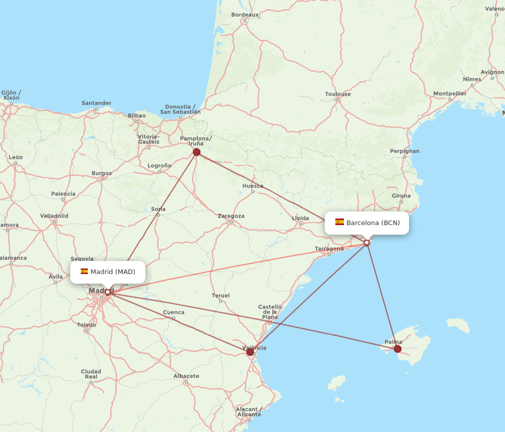 BCN to MAD flights and routes map