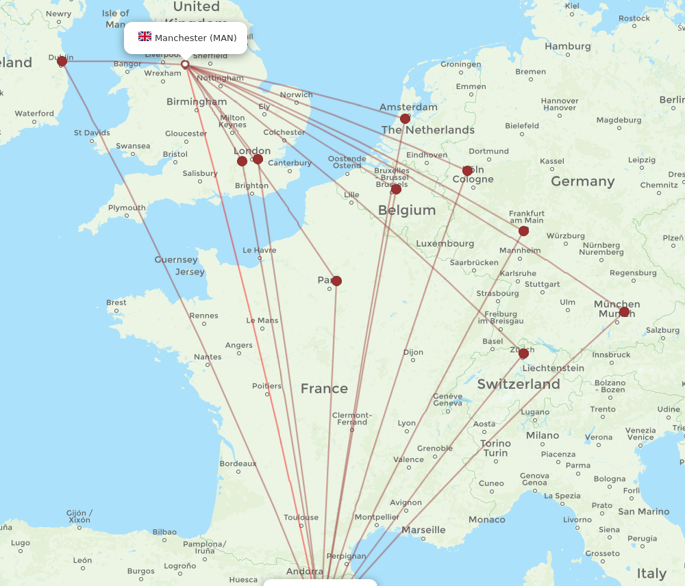 BCN to MAN flights and routes map