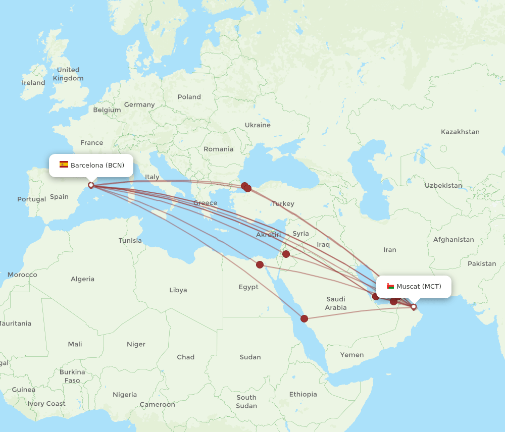 BCN to MCT flights and routes map