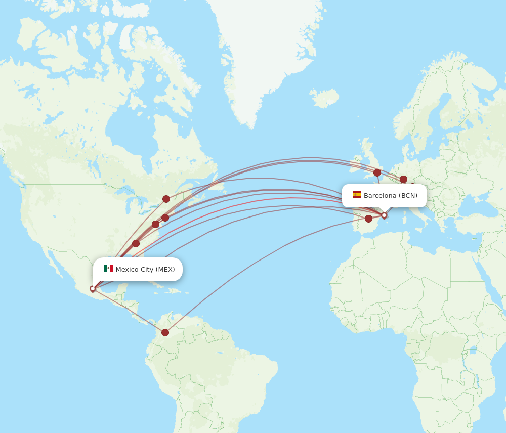 BCN to MEX flights and routes map