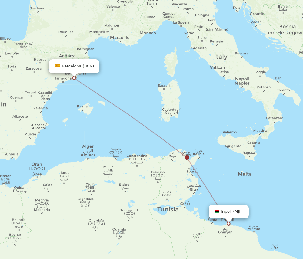 BCN to MJI flights and routes map