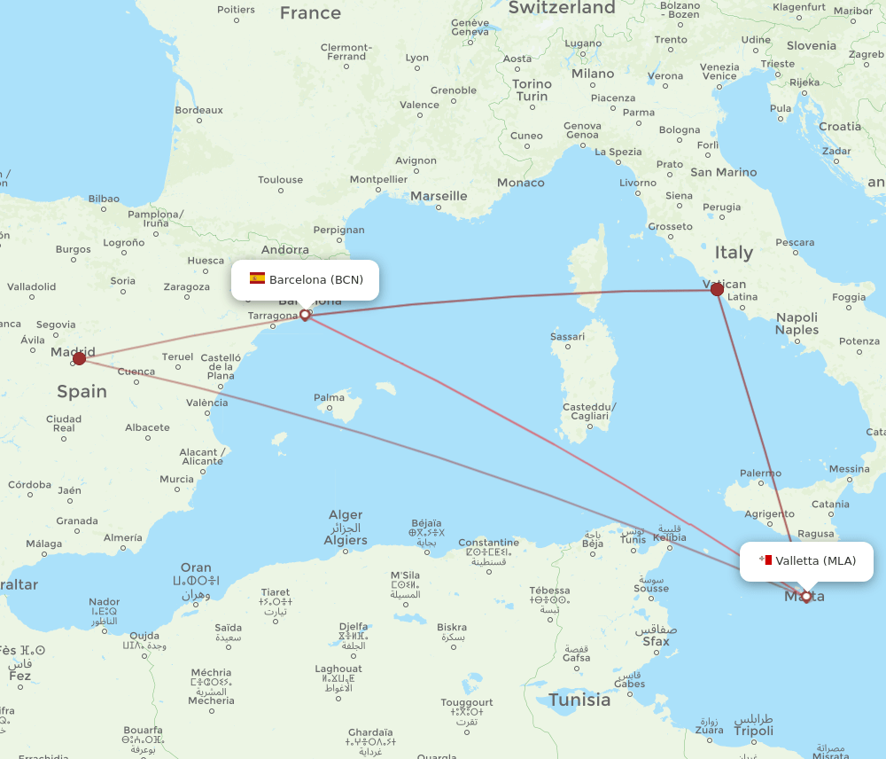 BCN-MLA flight routes
