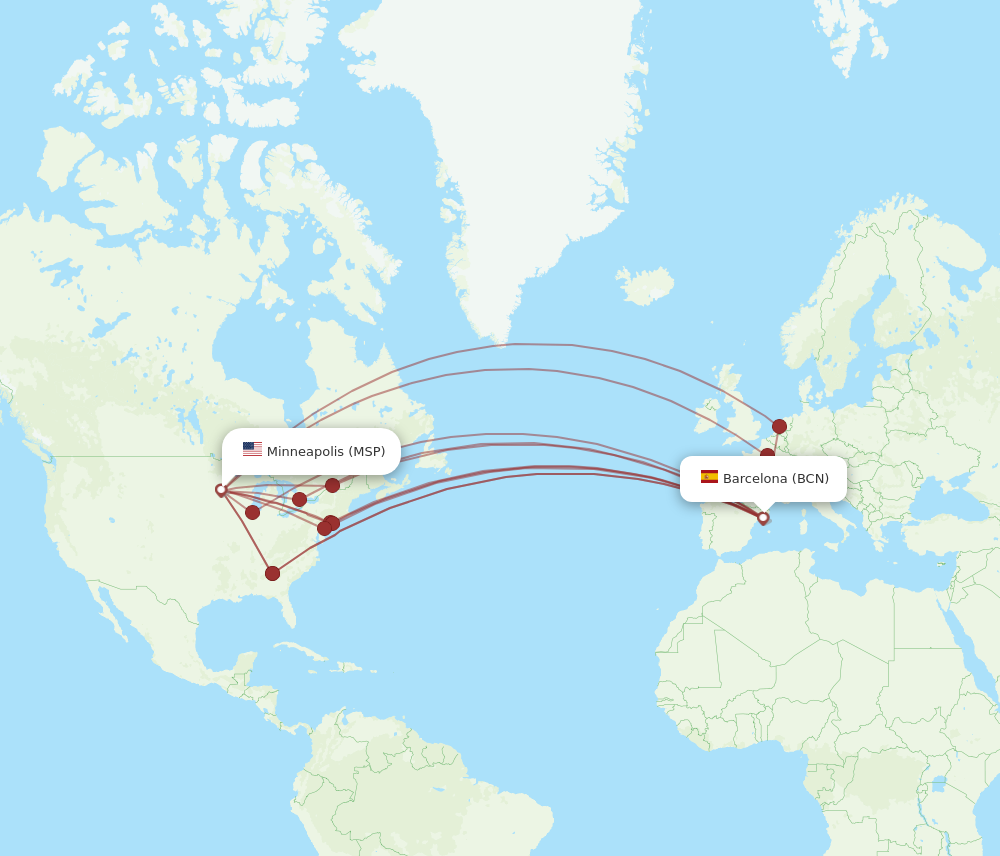 BCN to MSP flights and routes map