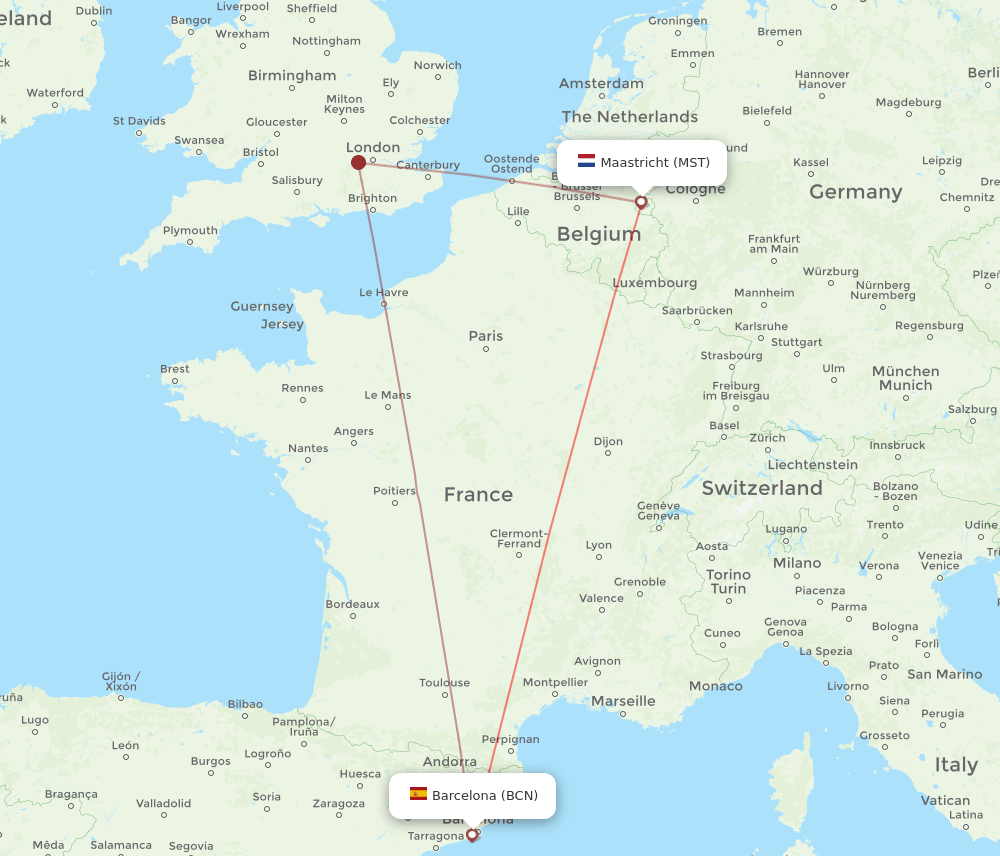Barcelona - Maastricht route map and flight paths