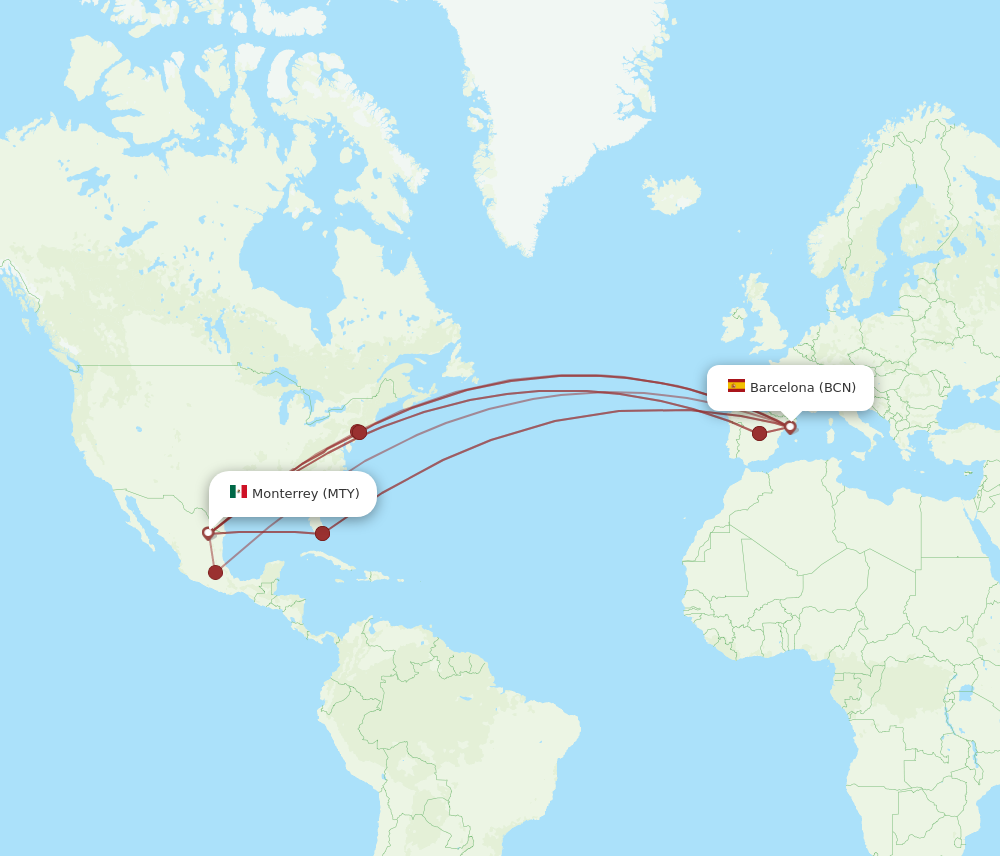 BCN to MTY flights and routes map