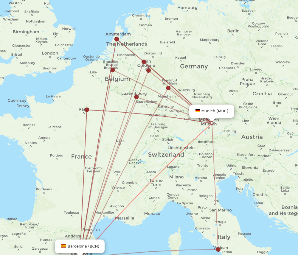 BCN to MUC flights and routes map