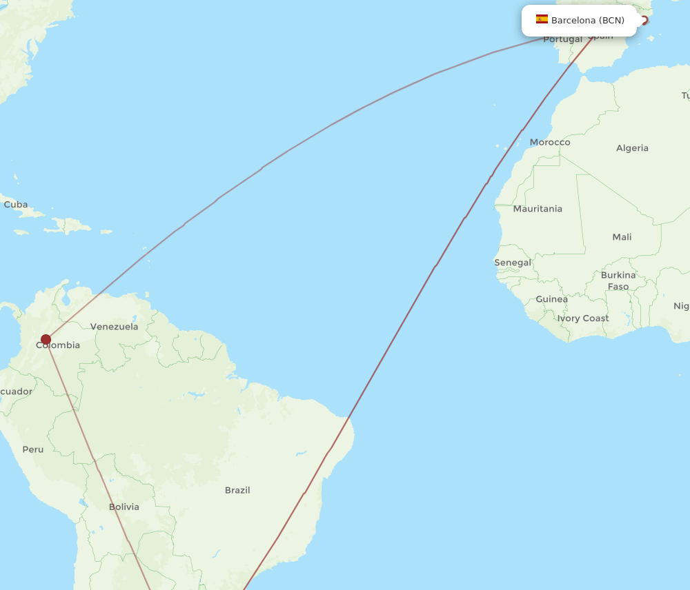 BCN to MVD flights and routes map