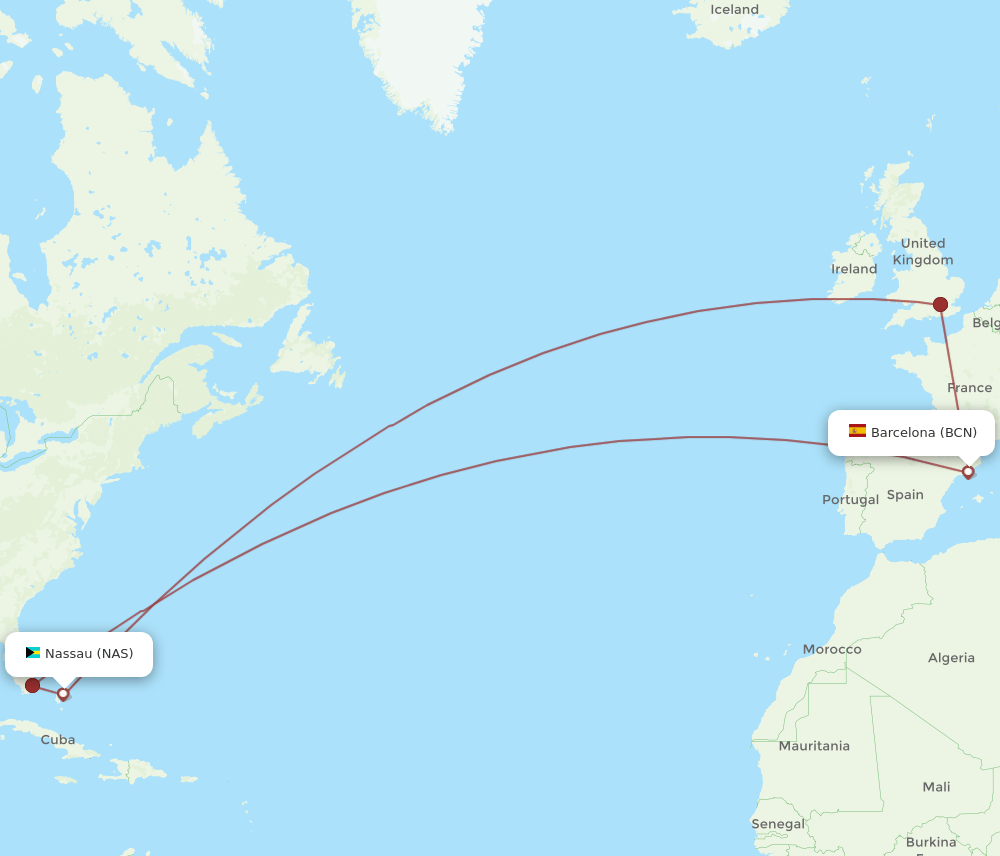 BCN to NAS flights and routes map