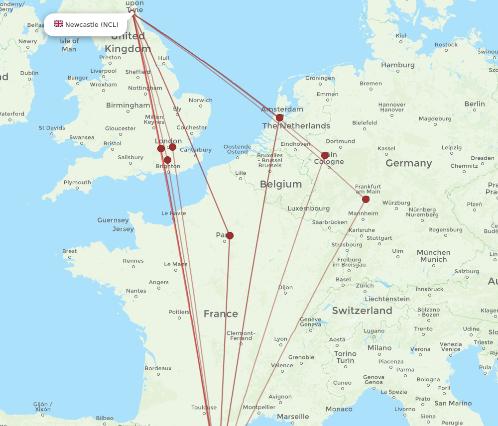 BCN to NCL flights and routes map