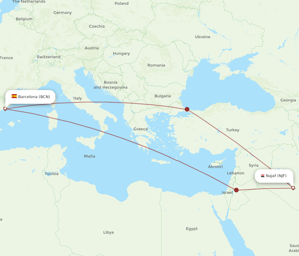 BCN-NJF flight routes