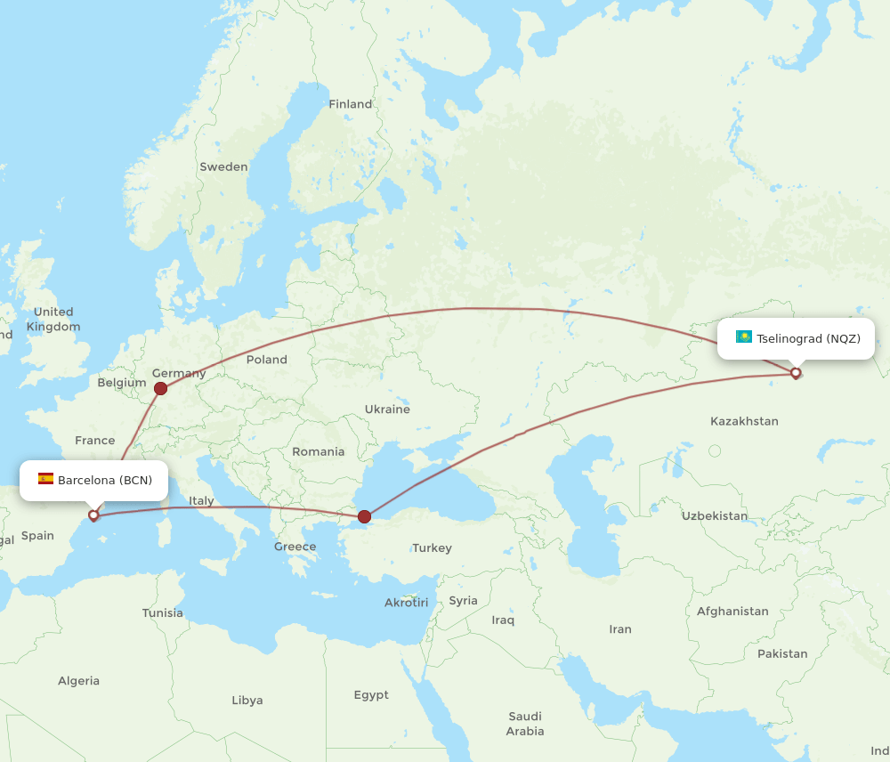 BCN to NQZ flights and routes map