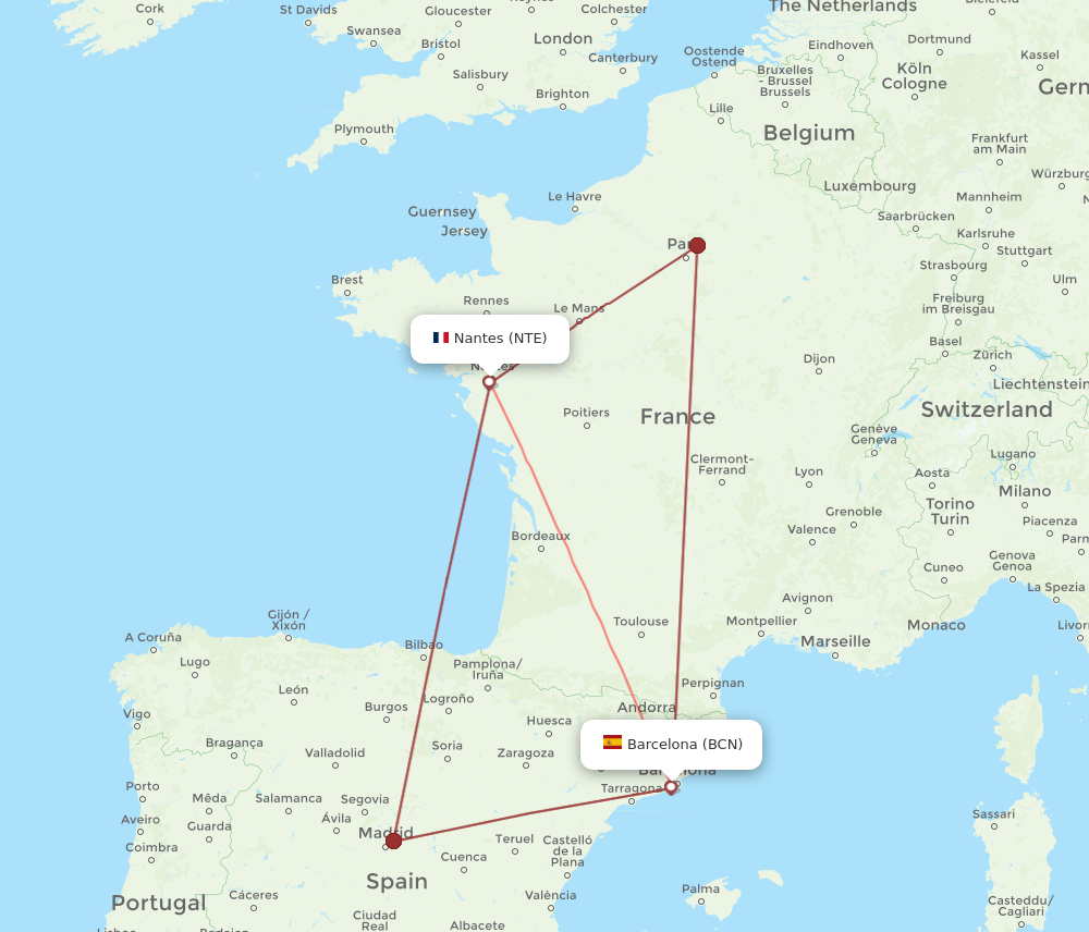BCN to NTE flights and routes map