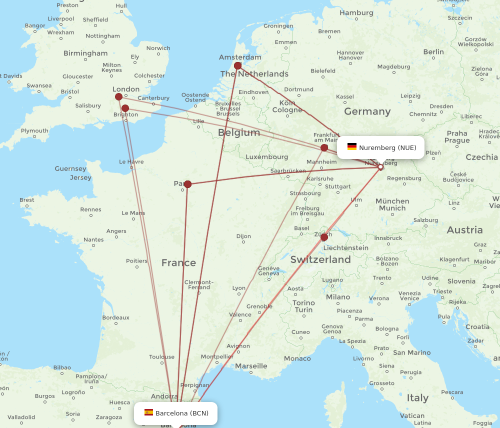 BCN to NUE flights and routes map